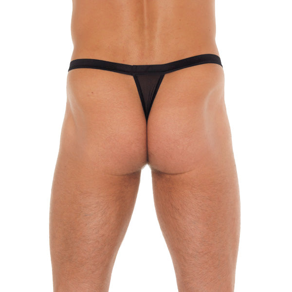 Mens Black G-String With Black Straps To Animal Print Pouch