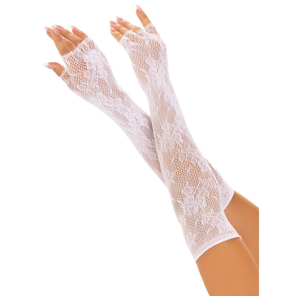 Leg Ave Floral Net Fingerless Gloves White