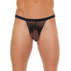 Mens Black G-String With Black Net Pouch