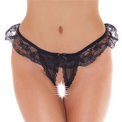 Frilly Black Lace Crotchless Tanga